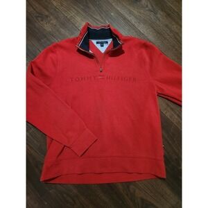Vintage Tommy Hilfiger 1/4 Zip Sweater Mens Size L Red Logo Pullover USA 90s
